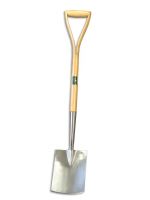 Spade with stainless steel blade and wooden handle stood vertically on a white background. It has an open YD handle