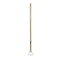 Long wooden handled garden hoe stood vertically on a white background