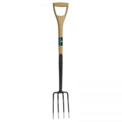 Garden for with painted black shaft and fork with 4 stainless steel tines at the end.  It has a wooden filled YD handle