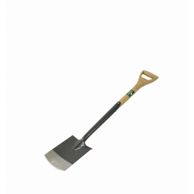 Garden spade on a white background, with black painted shaft and blade with a steel bottom.  It has a wooden filled YD handle