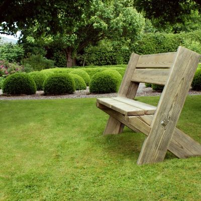 Wooden Bench in Garden with bushes behind