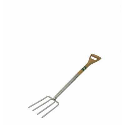 Stainless steel garden fork with filled YD wooden handle on a plain white background.