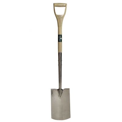 Garden spade with stainless steel shaft and blade with a wooden handle.  It is stood vertically on a plain white background
