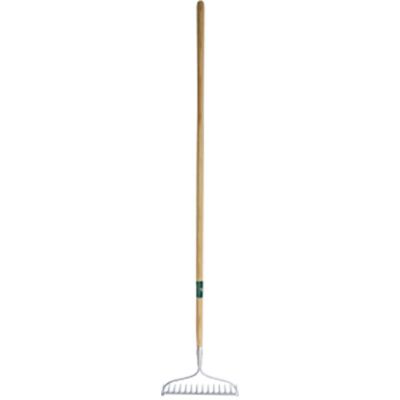 Long wooden handled rake stood vertically on a white background.  The rake head at the bottom is stainless steel with multiple tines