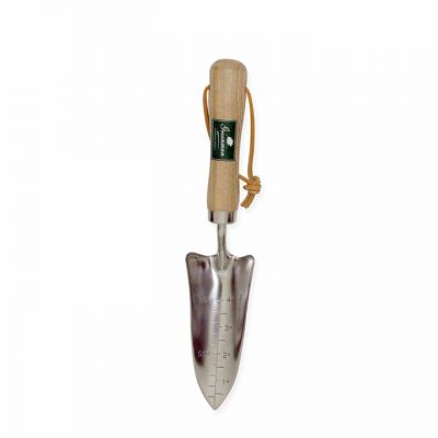 Wooden handled stainless steel trowel stood vertically on a white background