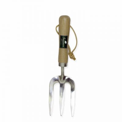 Wooden handled stainless steel hand fork stood vertically on a white background