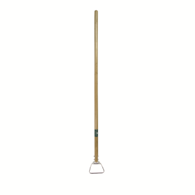 Long wooden handled garden hoe stood vertically on a white background