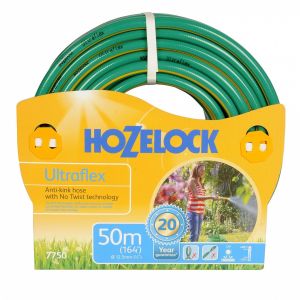 50M Ultraflex Hose Pipe Coiled up with Branded Packaging and has a White Background