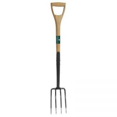 Garden for with painted black shaft and fork with 4 stainless steel tines at the end.  It has a wooden filled YD handle