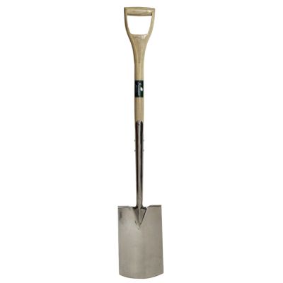Garden spade with stainless steel shaft and blade with a wooden handle.  It is stood vertically on a plain white background